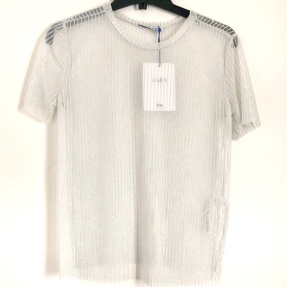 Zara Sheer White Silver Stripes Size L - Picture 1 of 3